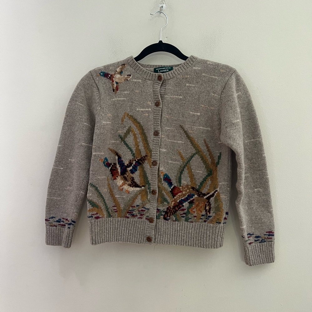 Lauren Ralph Lauren Taupe & Multicolor Embroidered Duck Cardigan - Picture 3 of 11